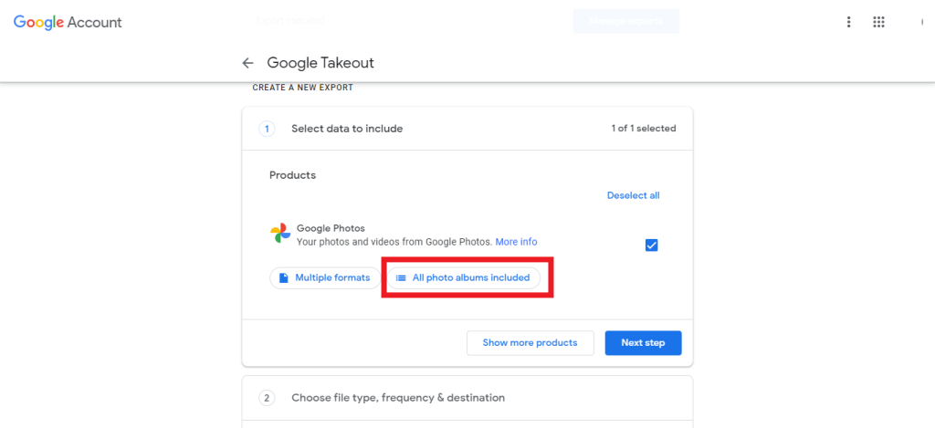 Google Takeout Option