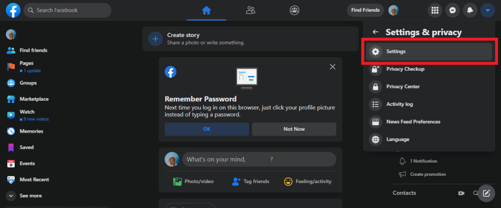 Settings options on Facebook