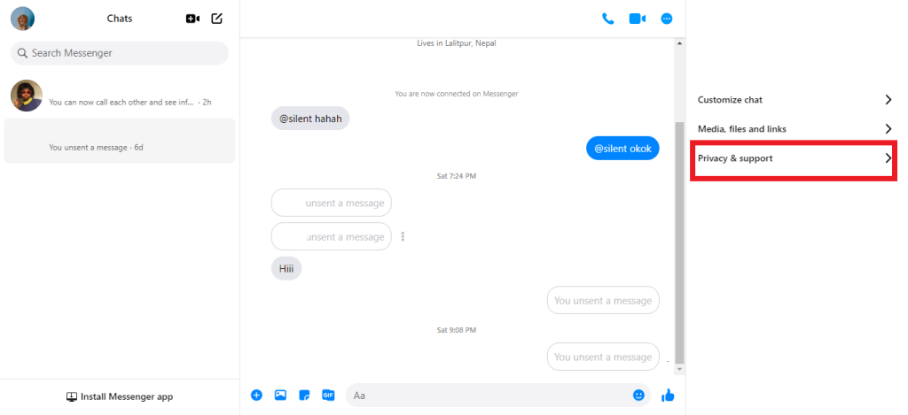 Privacy & support option on Messenger