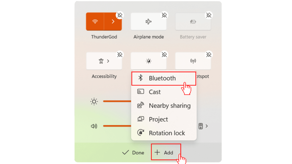 To Add Bluetooth Option to the Action Center, you should notice that all the quick settings fade away. After this, you will get two new options: "Done" and "Add."