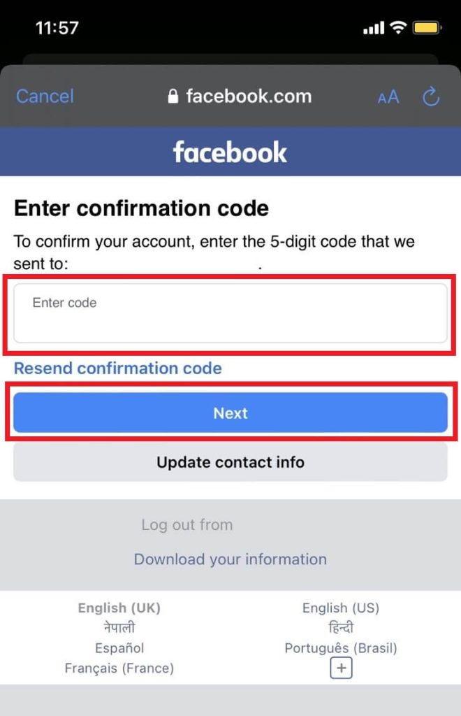 Enter confirmation code