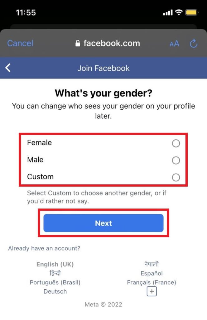 Select a gender option