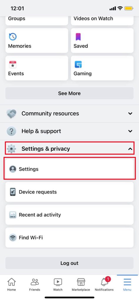 Facebook account settings