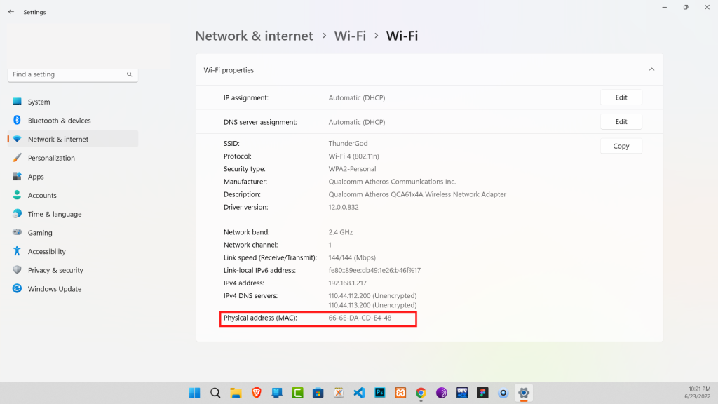 To Find a MAC Address in Windows 11 Using Windows Settings, search for Physical Address.