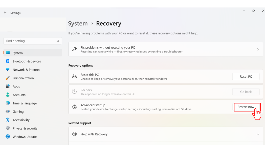To Recover Deleted Photos from Windows 11 Using the Backup and Restore Feature, Navigate to the Recovery options area and select the "Restart Now" button under Advanced options.