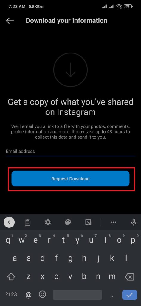 Request Download including Instagram Photos from the server