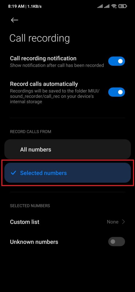 Selected custom numbers