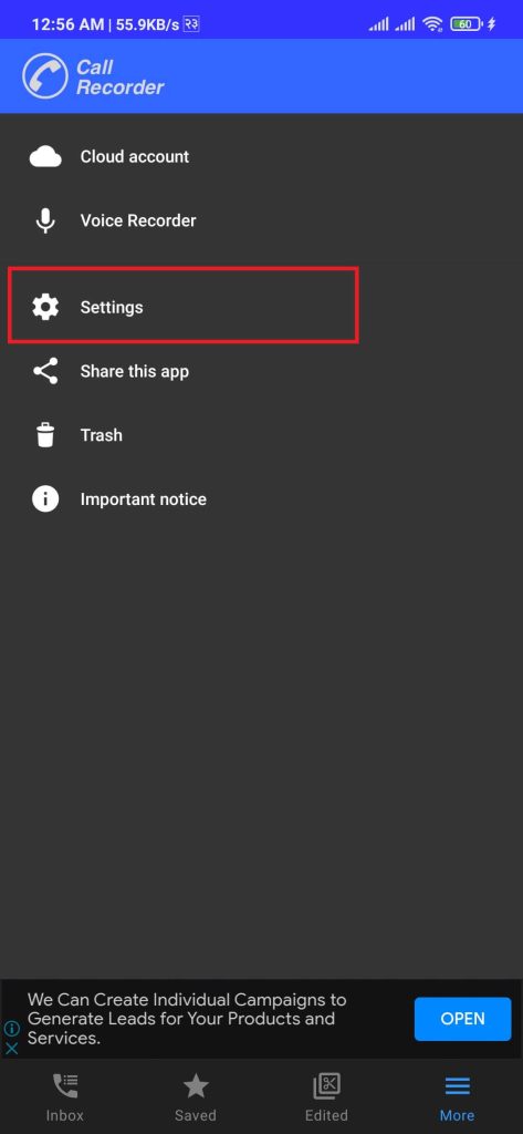 call recorder settings option