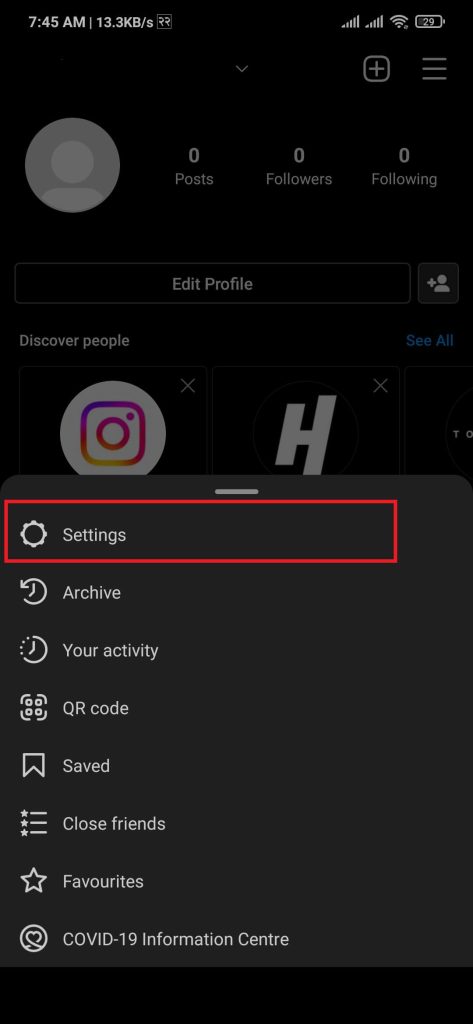 Instagram settings option
