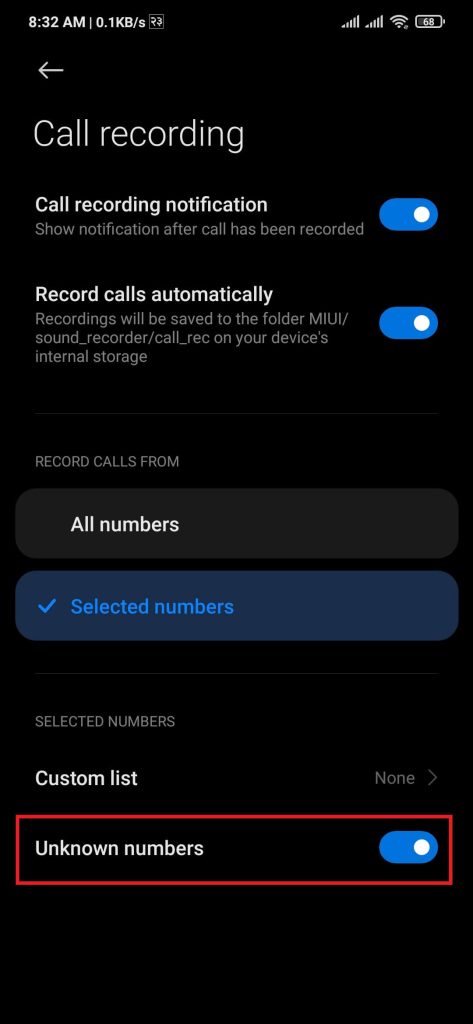 enable call record for unknown numbers