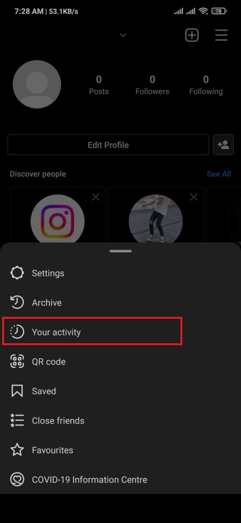 Selecting your activity to download your Instagram photos