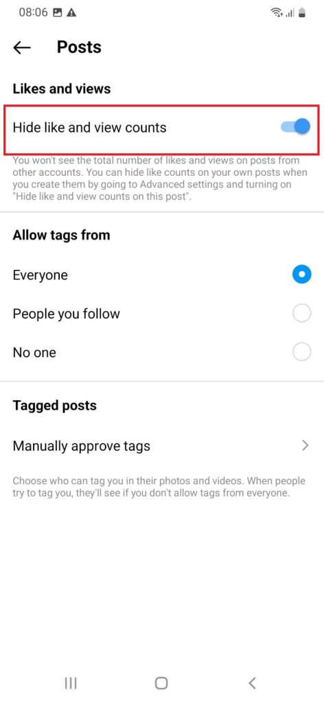 Hide like and view counts on instagram