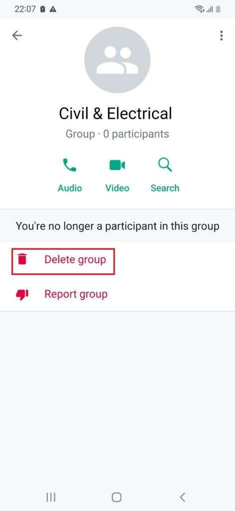 Delete group icon to delete a WhatsApp group.