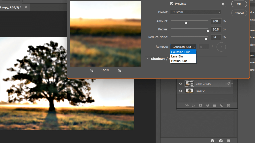 you can get rid of image blur using Gaussian, Motion, and Lens blur.