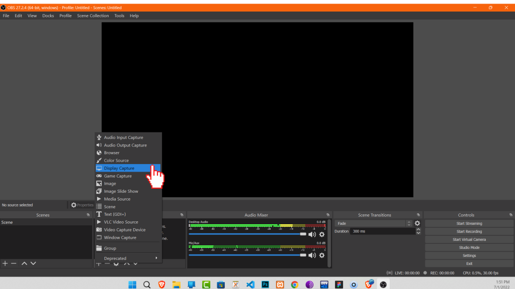 To Screen Record on Windows 11 using OBS Studio, choose "Display Capture" from the different options.