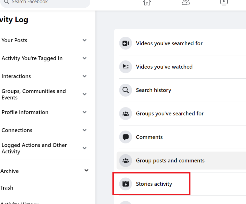 Select stories activity to remove reaction on a Facebook story