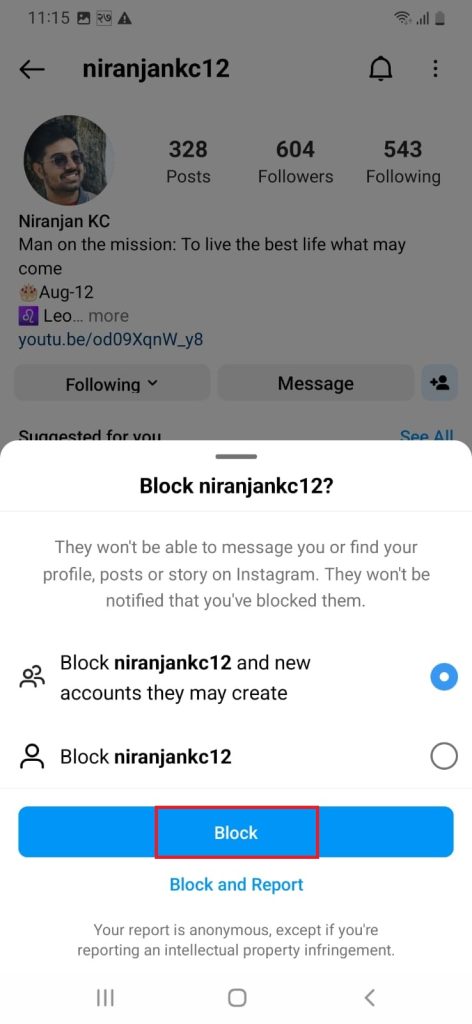Tap on" block" to block someone on Instagram
