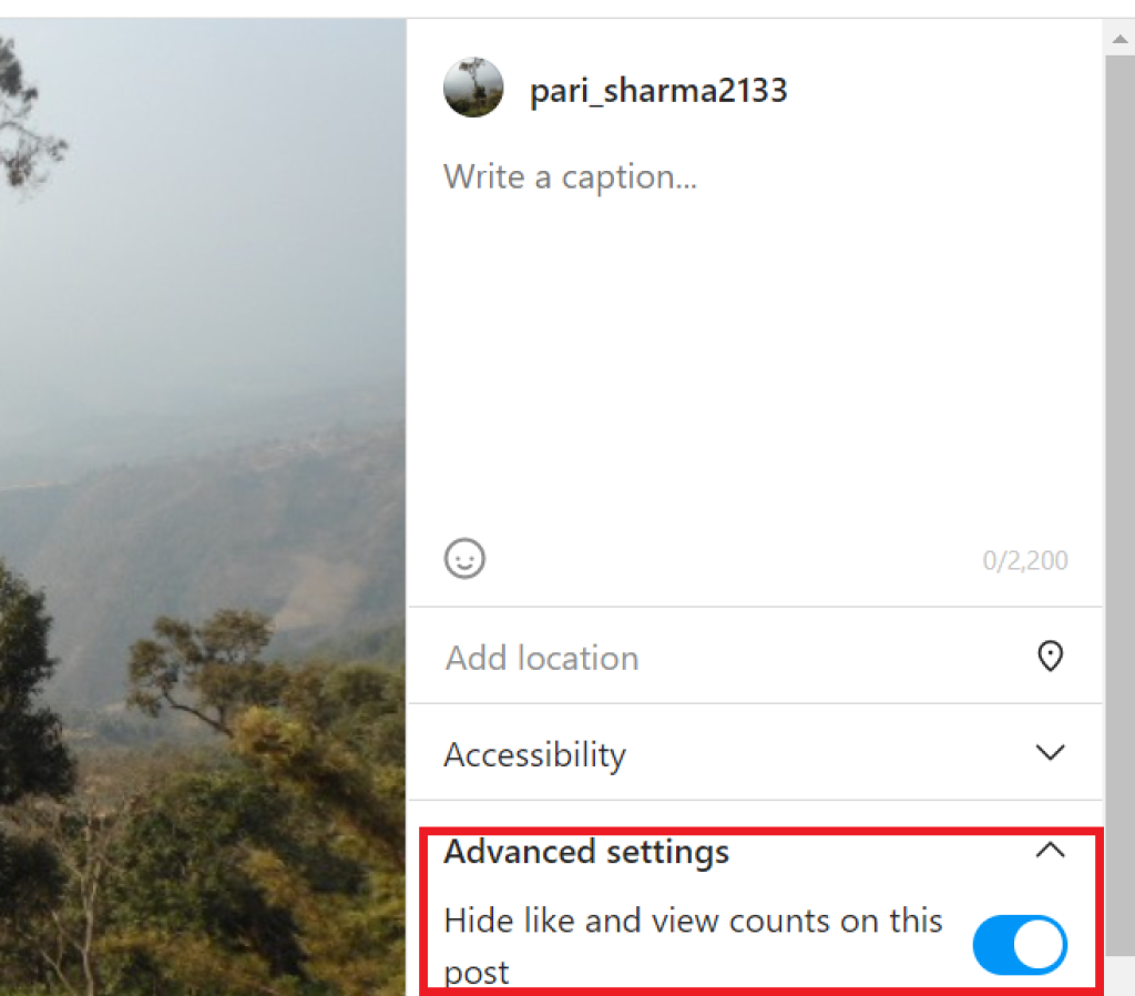 turn On Advanced setting to hide like on Instagram