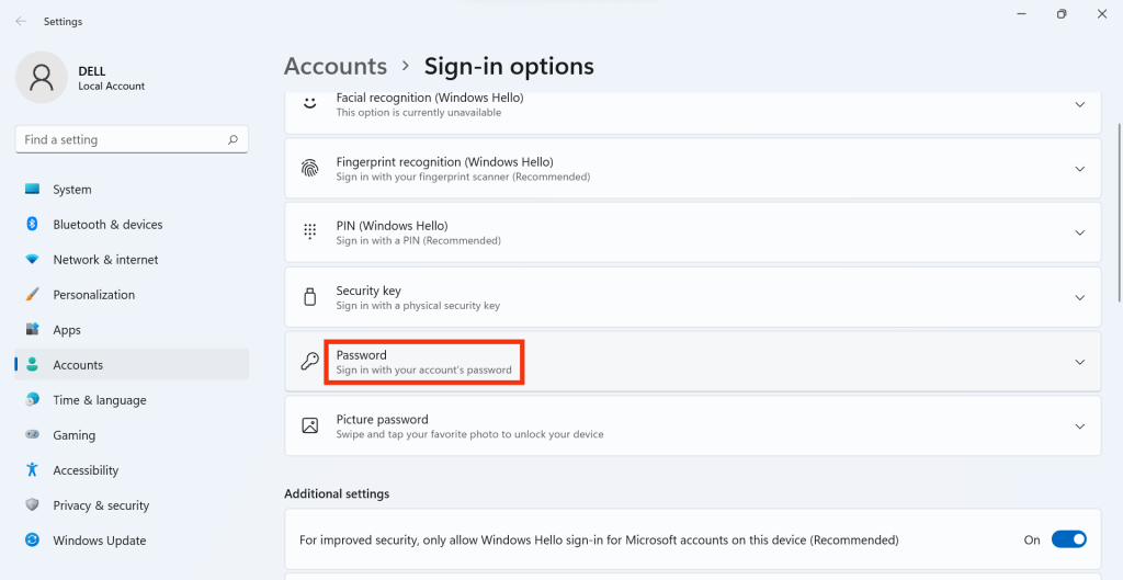 password option windows 11