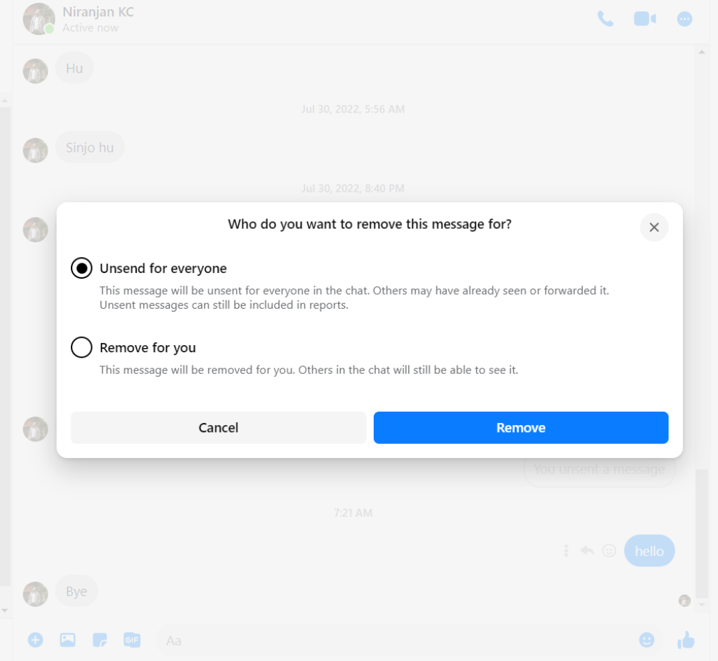 unsend for everyone enables to delete messages on messenger.