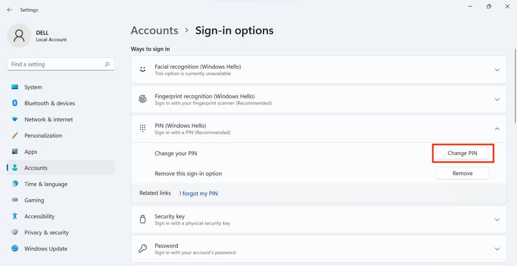 change PIN windows 11