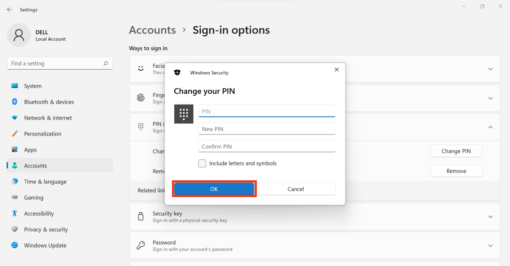 change PIN windows 11