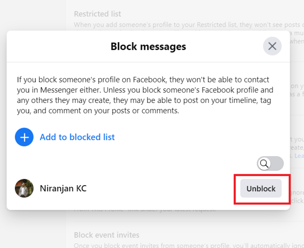 Unblock someone on Messenger.
