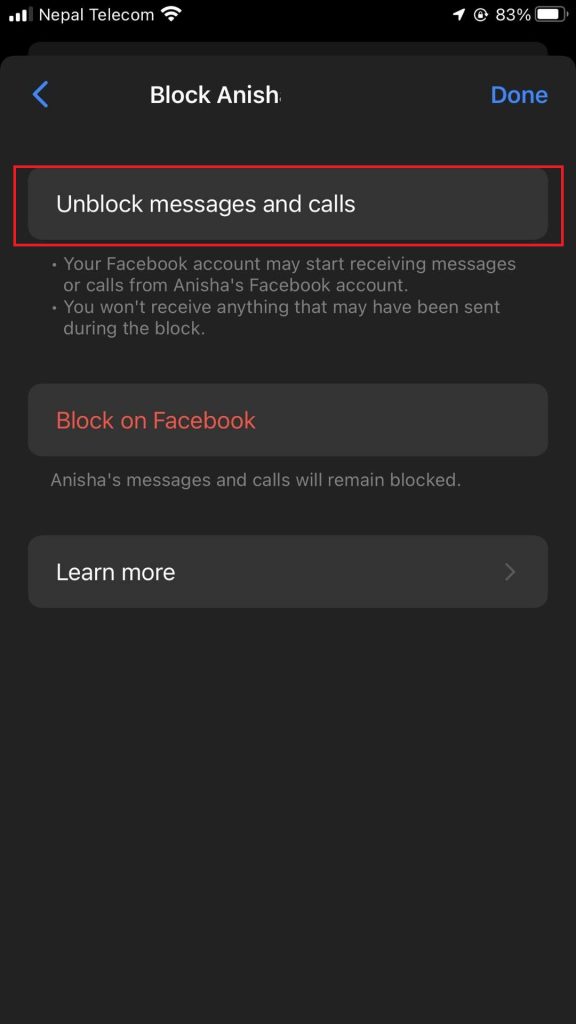 Unblock messages and calls