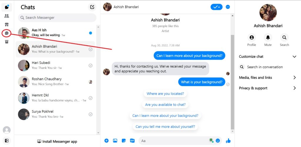 Message requests on Messenger website