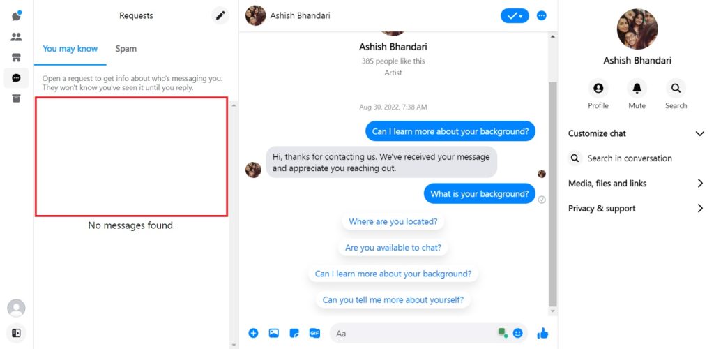 Message requests on Messenger website 