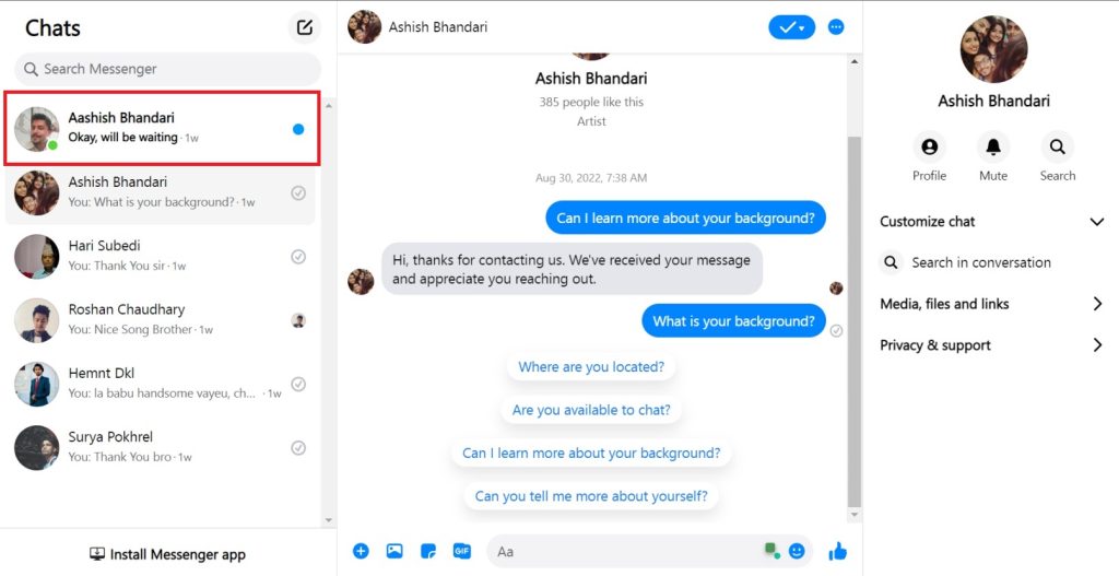 Unread Messages on Messenger website