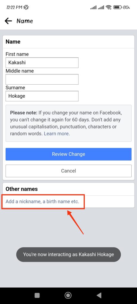 add other names on FB