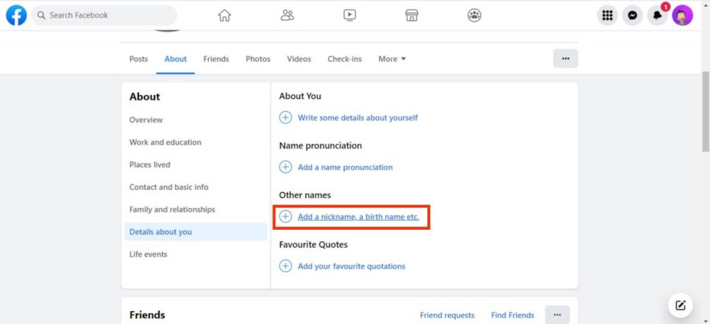 add other name on Facebook