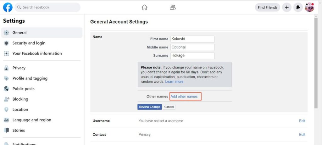 add other names FB