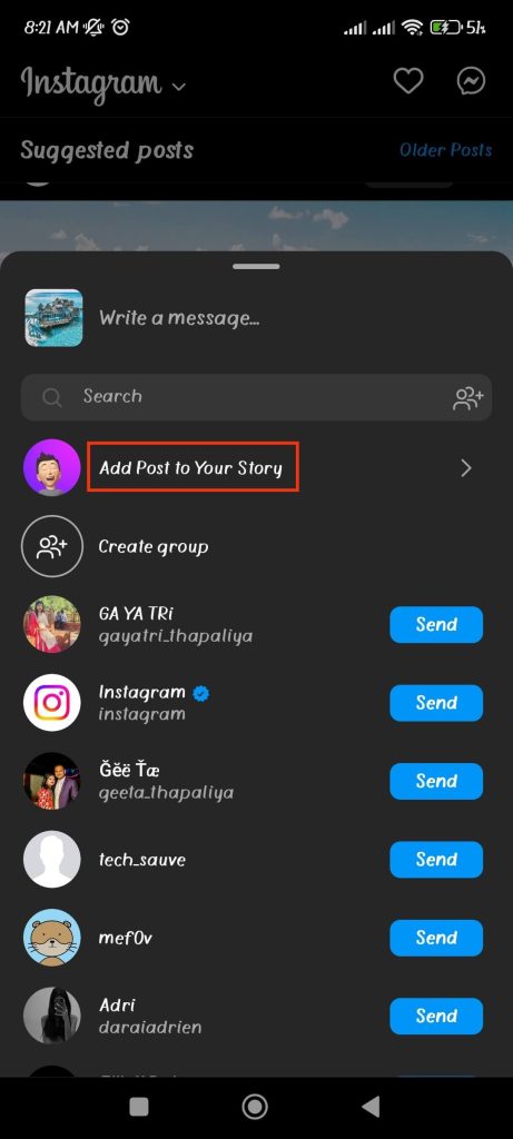 add post to your IG story