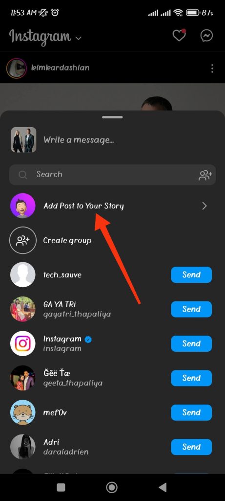 add post to your story on IG