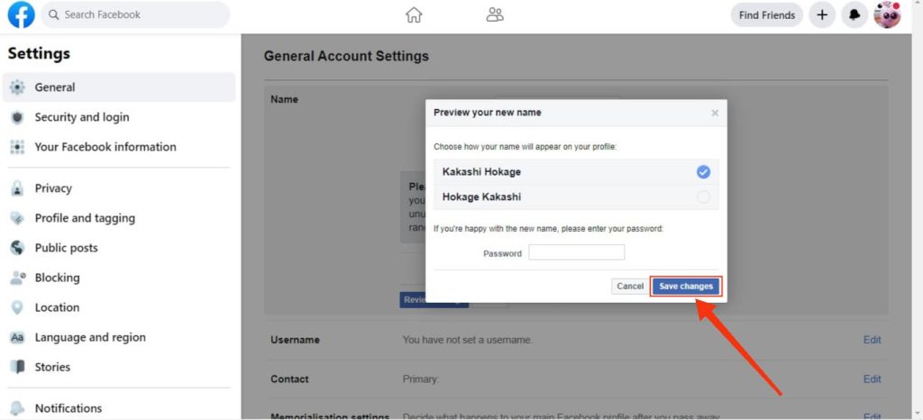 change name on Facebook 
