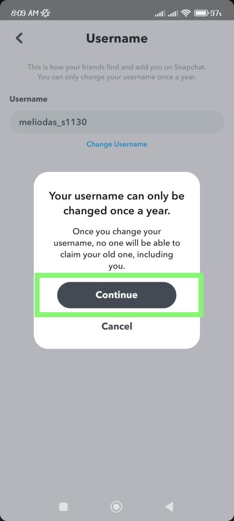 tap continue to confirm changing usernames
