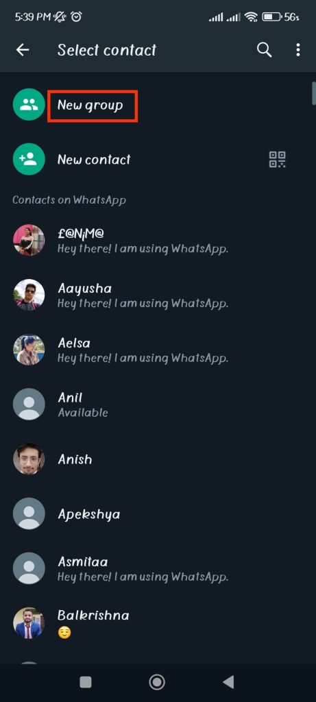 create new group on WhatsApp