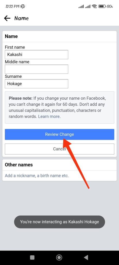 review change name on Facebook