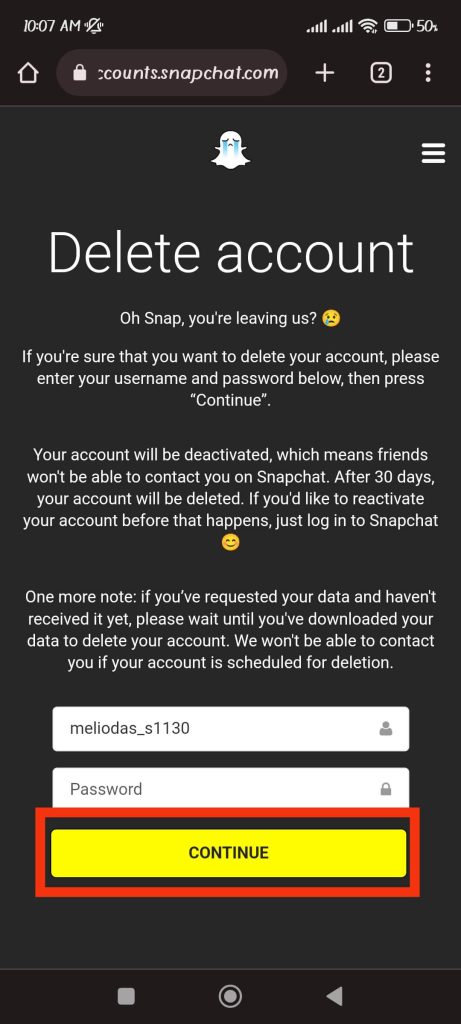 deactivate Snapchat account