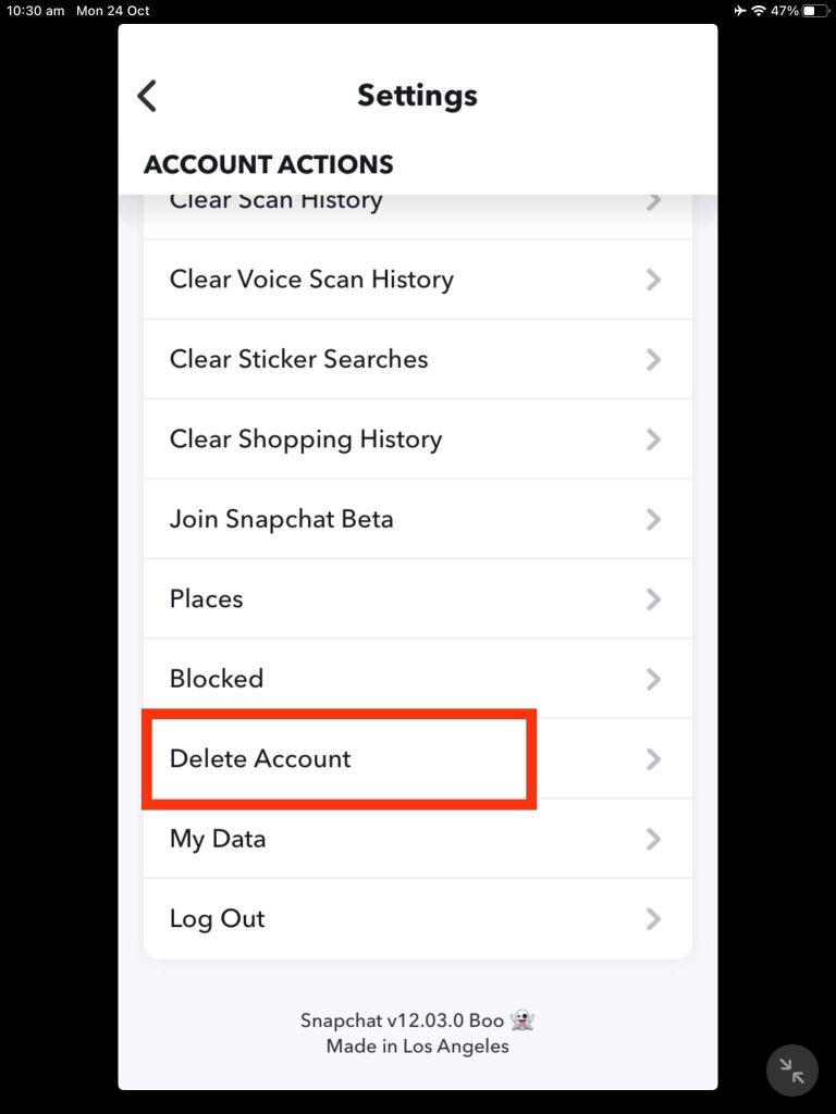 Delete Snapchat account