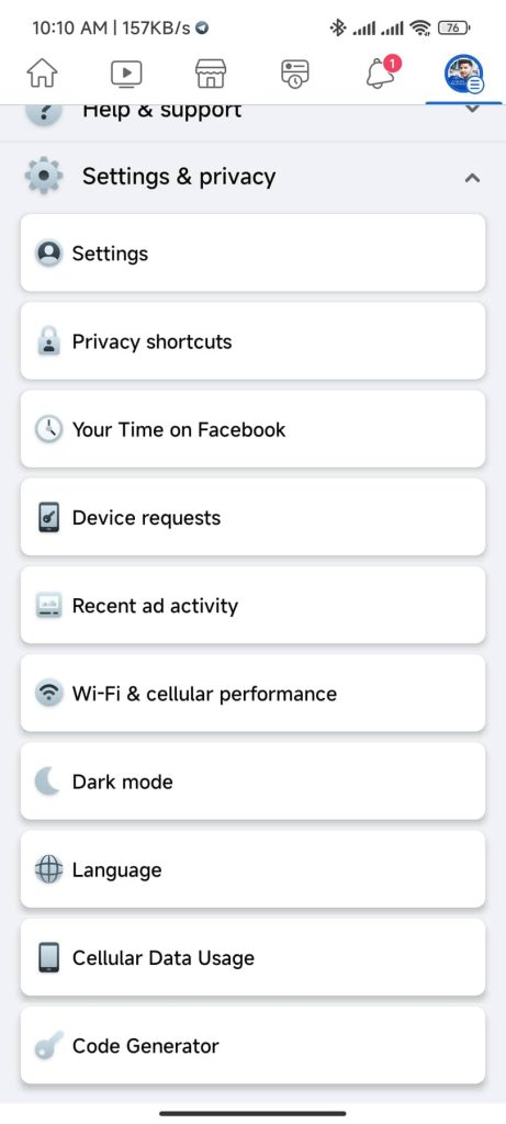 To Turn On Facebook Dark Mode, scroll down to the option labelled "Settings & privacy."