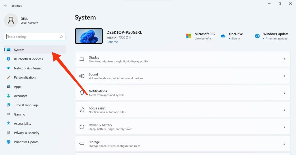 System settings on Win 11