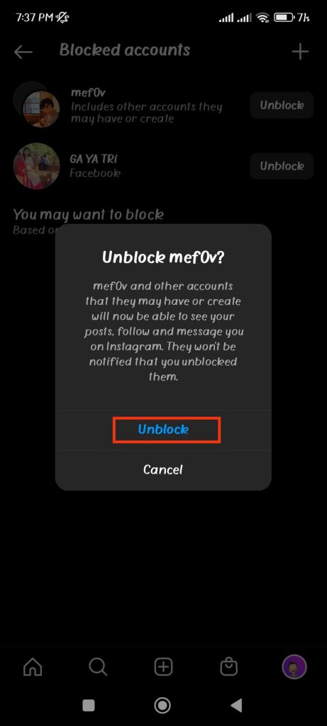 Unblock someone on Instagram 