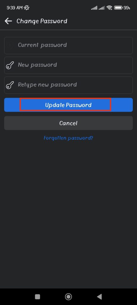 update new password on FB