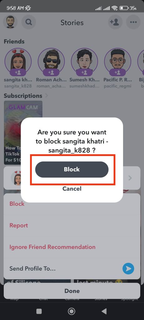 confirm block someone on Snapchat