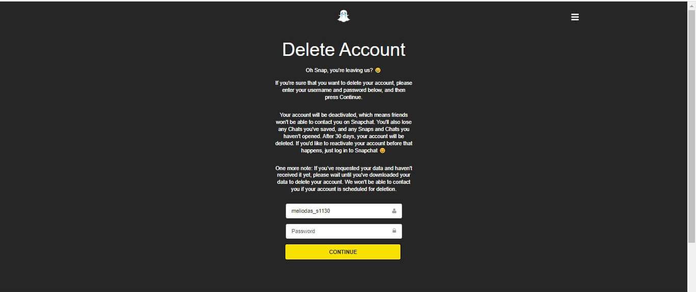 Confirm deactivation of Snap account
