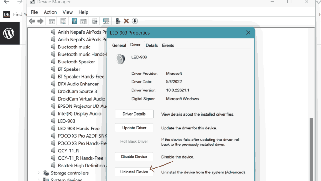 double-click the problematic audio adapter to resolve the issue