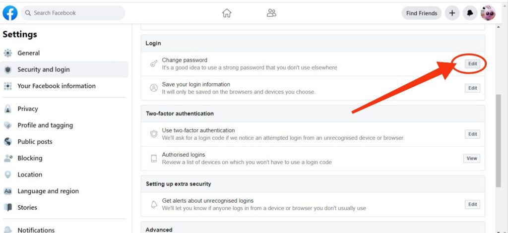 edit your FB password